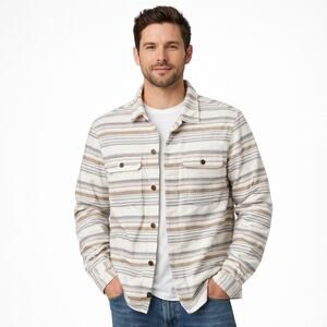 Lucky Brand Men's Cotton Flannel Shirt Jacket Cream Tan Blue Striped Size XL